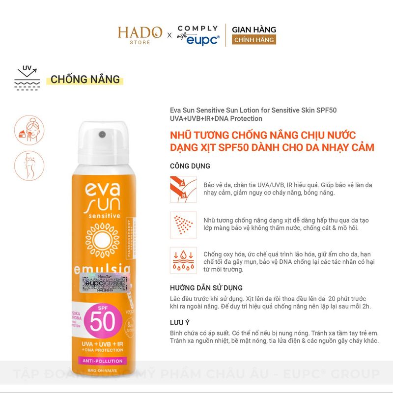 Xịt chống nắng chịu nước SPF50 cho da nhạy cảm Eva Sun 120ml - ảnh 2