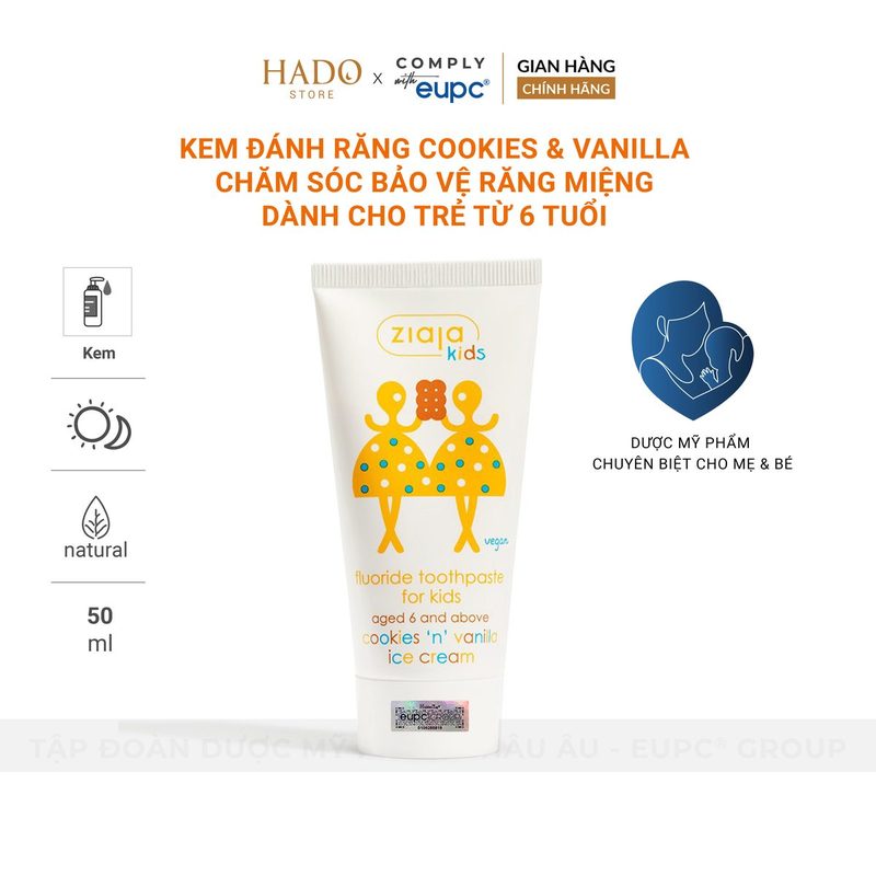 Kem đánh răng có fluor cho trẻ từ 6 tuổi Ziaja Kids hương vani 50ml