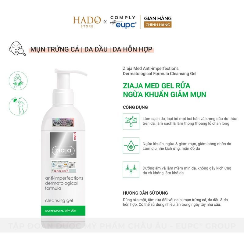 Gel rửa mặt làm sạch cho da dầu, mụn Ziaja Med Anti-Imperfections 200ml - ảnh 3