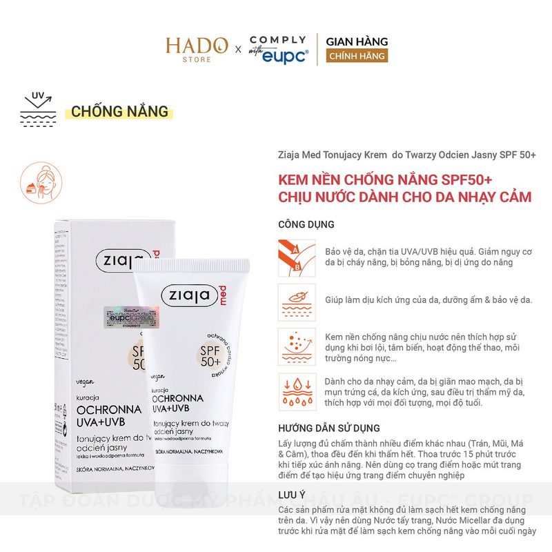 Kem chống nắng có màu SPF50+ cho da nhạy cảm Ziaja Med 50ml - ảnh 3