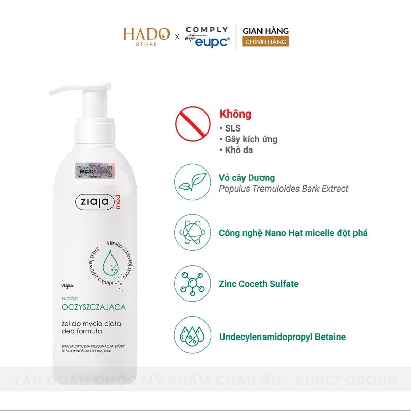 Gel tắm làm sạch dịu nhẹ cho da dầu, mụn Ziaja Med Deo Formula 400ml