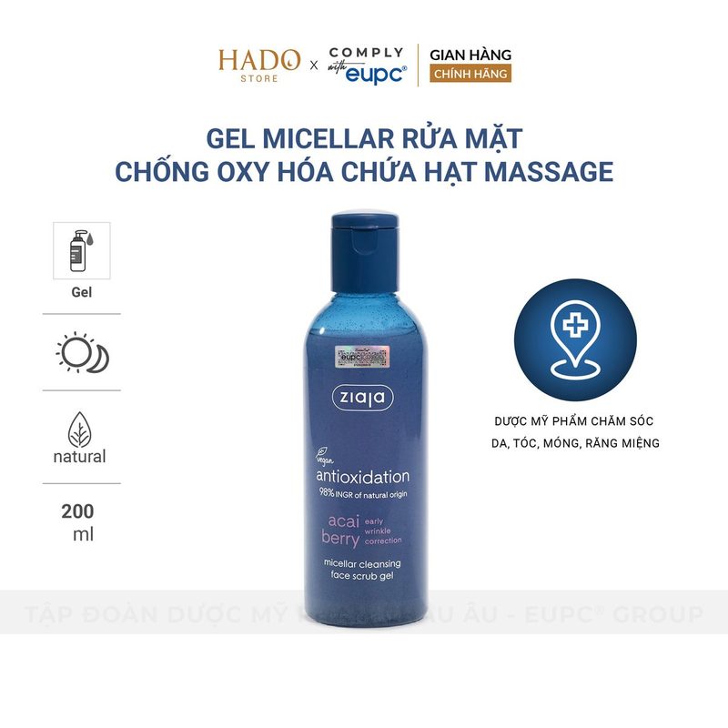 Gel rửa mặt Micellar có hạt massage Ziaja Acai Berry 200ml